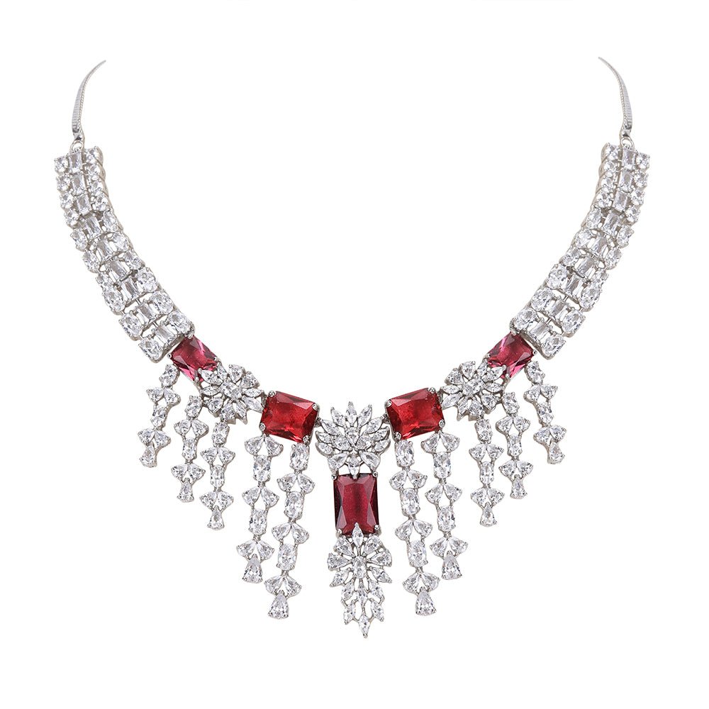Jewellery Necklace set Matching Earrings Red And Silver - Auraa Trends - Necklace Set - Buy Jewellery Necklace set Earrings