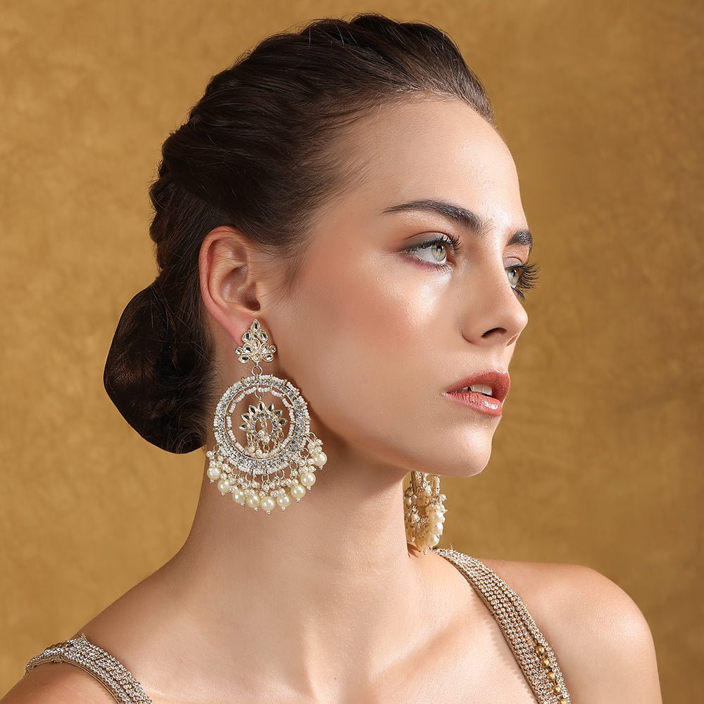 Kundan and Pearl Chandbaali Earrings - Auraa Trends - Chandbali - # - Auraa Trends - Kundan and Pearl Chandbaali Earrings