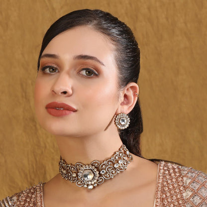Kundan Bridal Choker Necklace Earring Set For Women - Auraa Trends - Choker - Kundan Bridal Choker Necklace Earring Set
