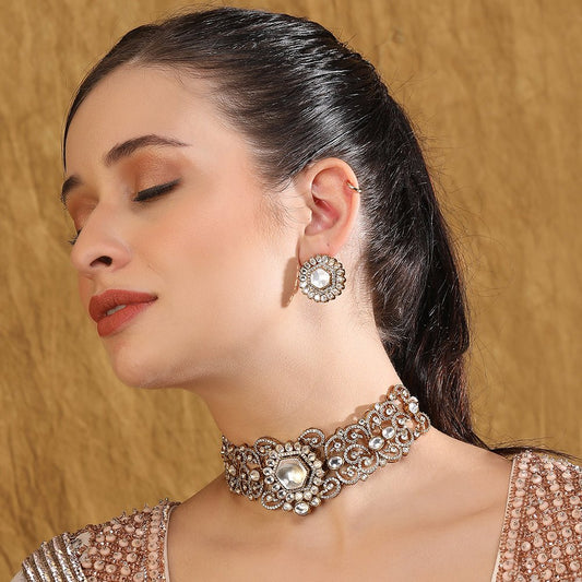 Kundan Bridal Choker Necklace Earring Set For Women - Auraa Trends - Choker - # - Auraa Trends - Necklace Set