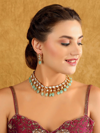 Kundan Choker Necklace Set with Aqua Blue Beads For Girls - Auraa Trends - choker - Choker choker set for women Choker sets