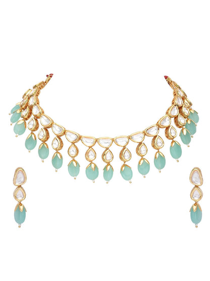 Kundan Choker Necklace Set with Aqua Blue Beads For Girls - Auraa Trends - choker - Choker choker set for women Choker sets