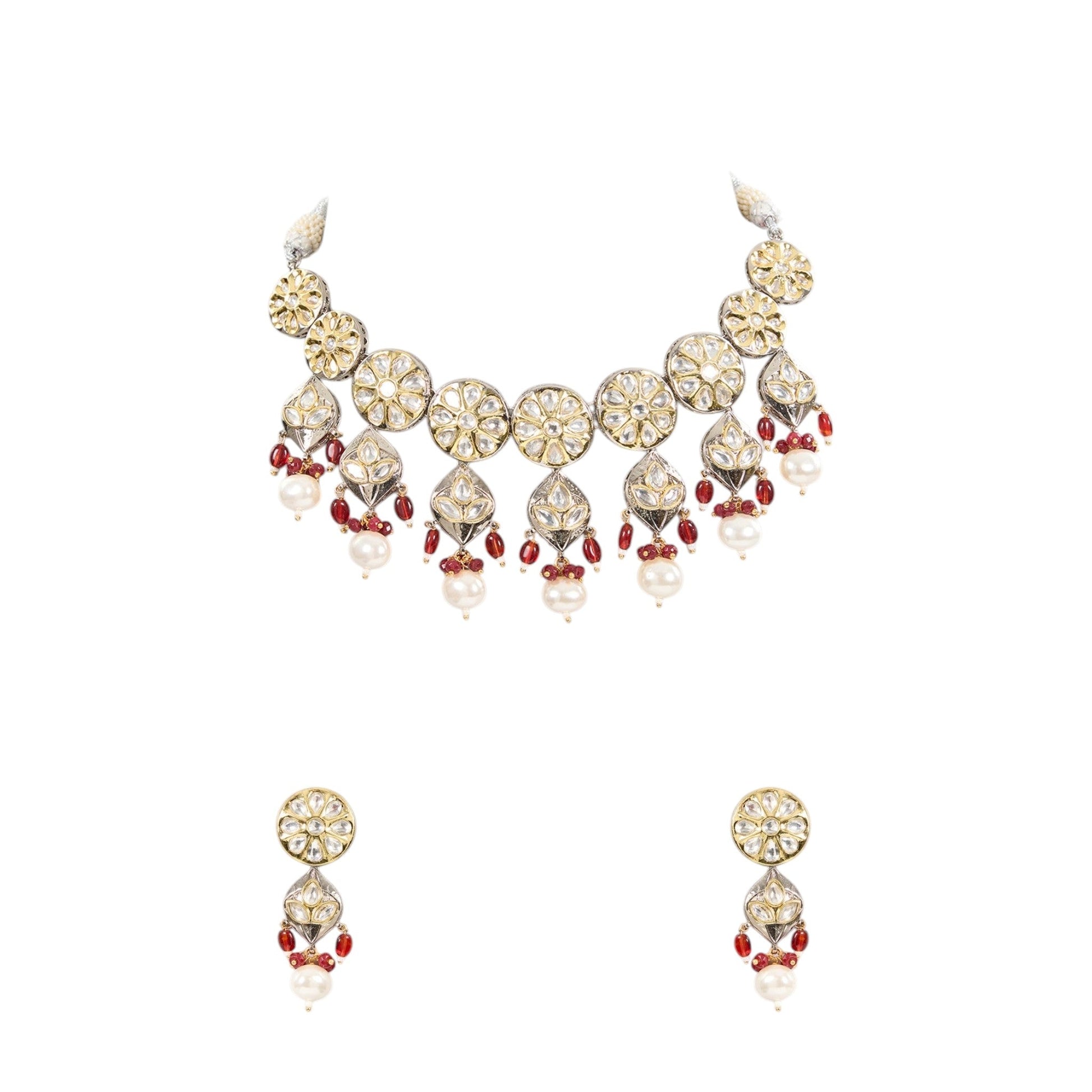Kundan choker neckpiece in pearl and ruby beads - Auraa Trends - Choker - # - Auraa Trends - Kundan choker neckpiece in pearl and ruby beads