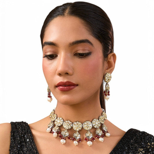 Kundan choker neckpiece in pearl and ruby beads - Auraa Trends - Choker - # - Auraa Trends - Kundan choker neckpiece in pearl and ruby beads