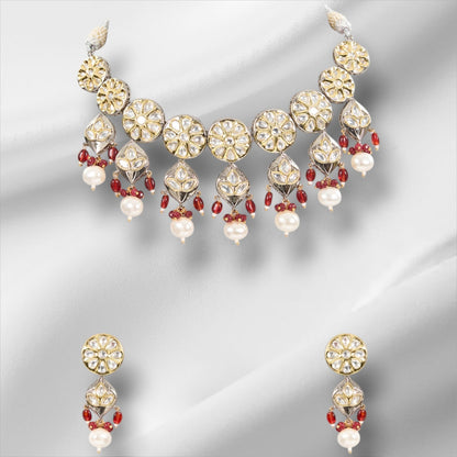 Kundan choker neckpiece in pearl and ruby beads - Auraa Trends - Choker - # - Auraa Trends - Kundan choker neckpiece in pearl and ruby beads