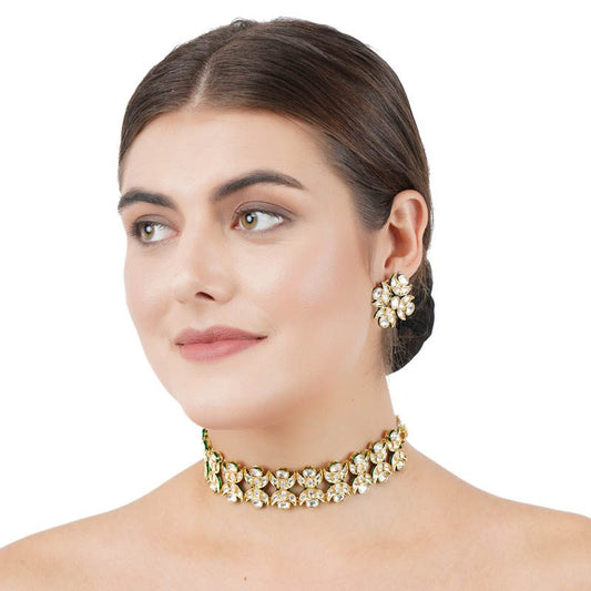 Kundan Choker Set Plated in 22KT Gold with Stud Earrings - Auraa Trends - Choker - Fashion jewelry Exclusive Sale