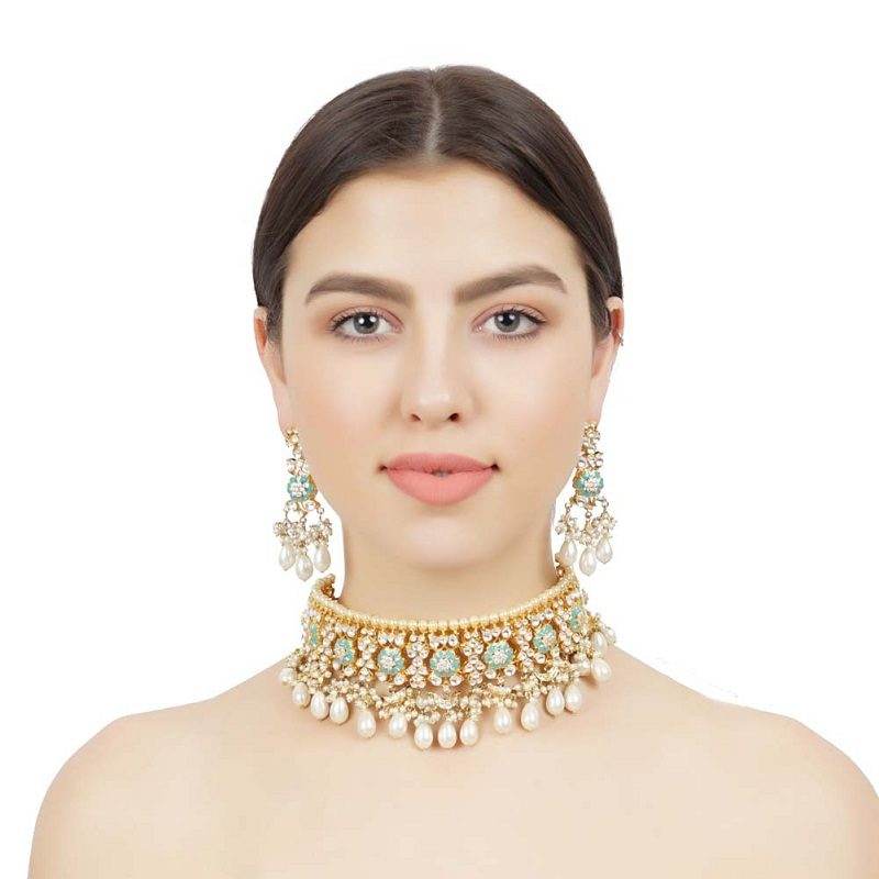 Kundan Gold-Plated Choker Necklace Set with Earrings - Auraa Trends