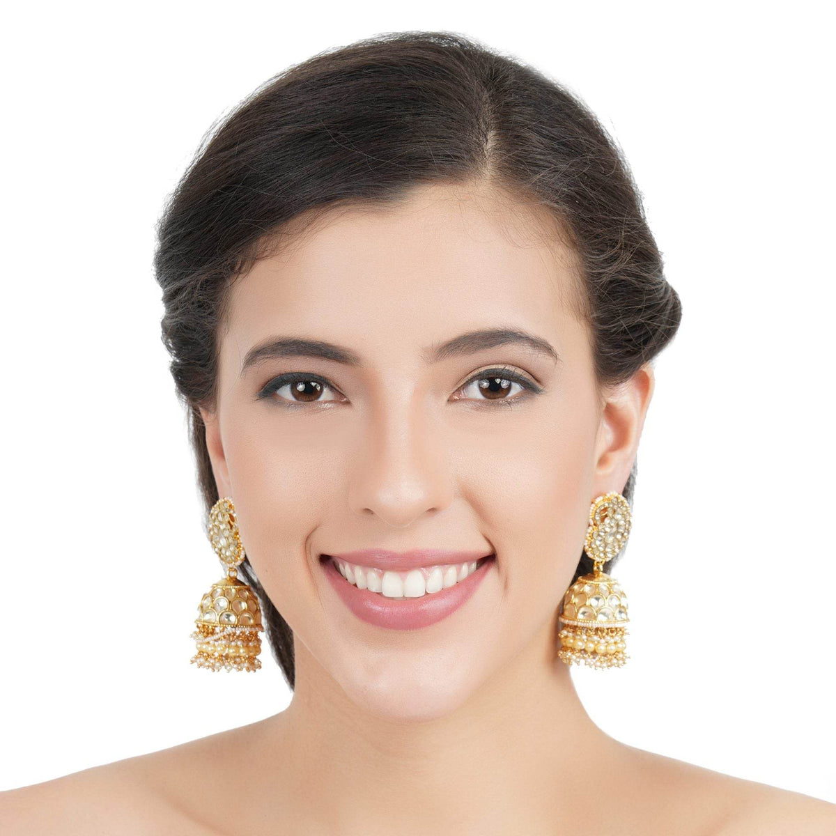 Gold kundan chandbali earrings with pearl beadwork and jhumka-style drops