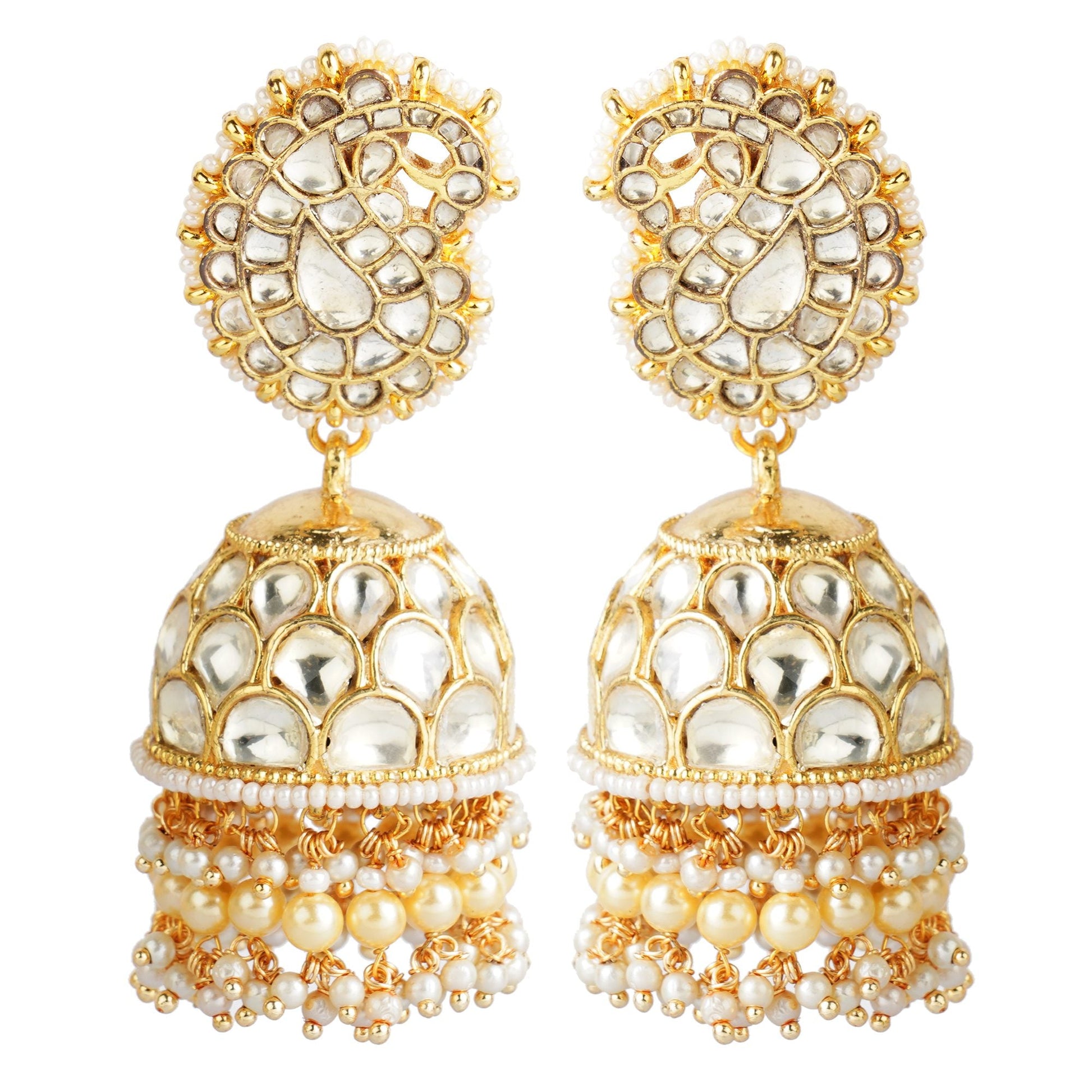 Kundan Jhumka Earrings – 22KT Gold Polish with Pearl Embellishments - Auraa Trends - Jhumka - Earring Earrings Exclusive Sale