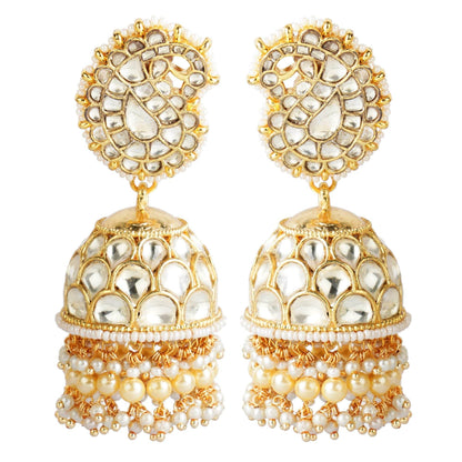 Gold kundan chandbali earrings with pearl beadwork and jhumka-style drops