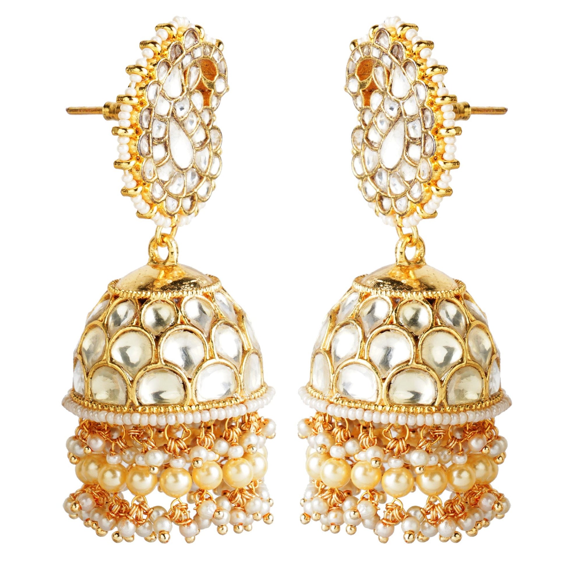Kundan Jhumka Earrings – 22KT Gold Polish with Pearl Embellishments - Auraa Trends - Jhumka - Earring Earrings Exclusive Sale