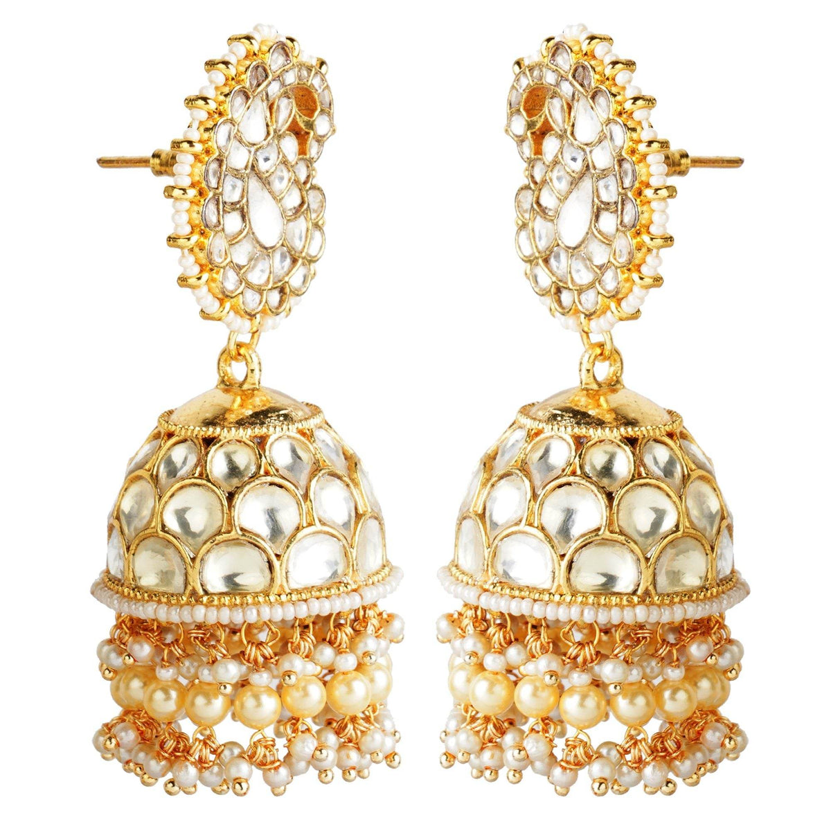 Gold kundan chandbali earrings with pearl beadwork and jhumka-style drops