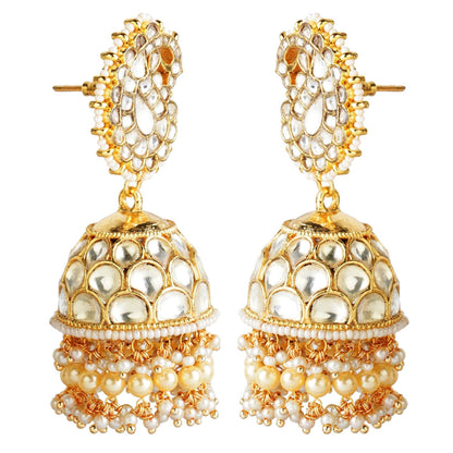 Gold kundan chandbali earrings with pearl beadwork and jhumka-style drops