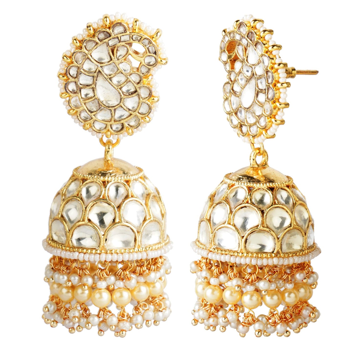 Kundan Jhumka Earrings – 22KT Gold Polish with Pearl Embellishments - Auraa Trends - Jhumka - Earring Earrings Exclusive Sale
