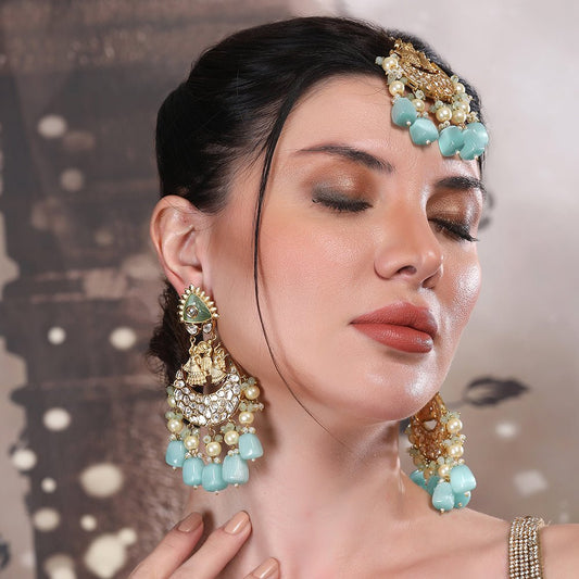 Kundan Maang Tikka and Chandbali Earrings - Auraa Trends - Earring Set - Buy Kundan Maangtika and Chandelier Earrings
