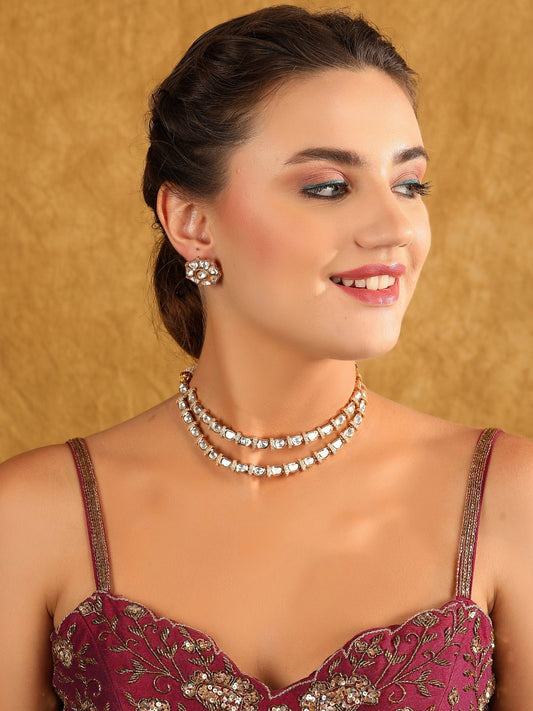 Kundan Necklace Set with Geometric Stud Earrings - Auraa Trends - Necklace Set - Necklace Necklace sets New Arrivals