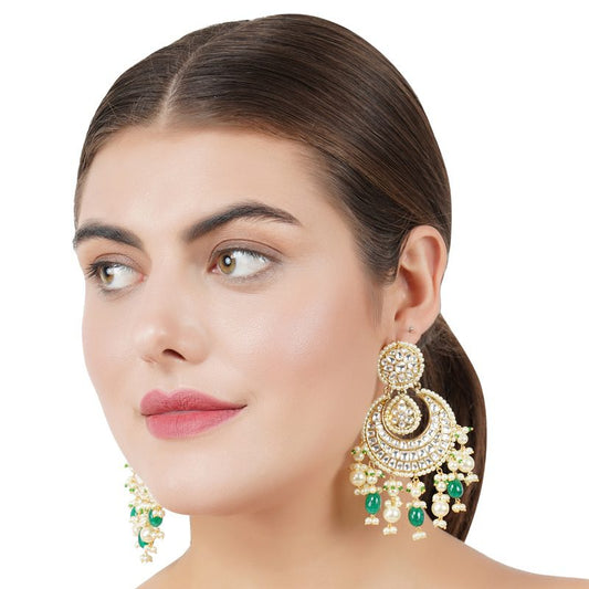 Kundan & Pearl Chandbaali Earrings with Green Beads - Auraa Trends - Chandbali - Trends - Chandbali Earrings with Green Beads