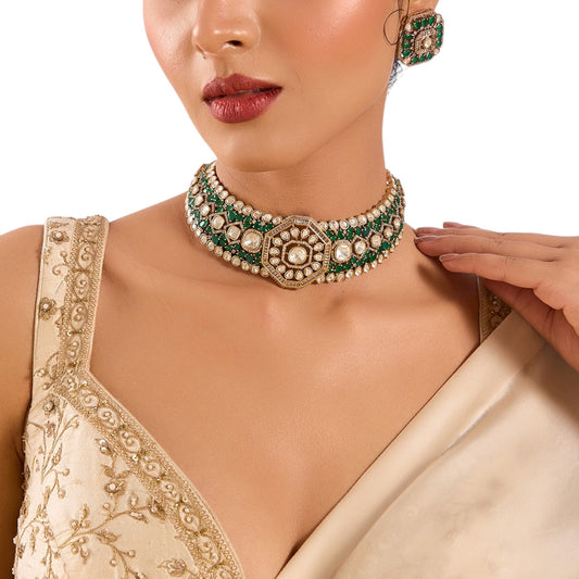 Kundan Polki Choker Necklace Set with Green Stones – Gold Finish Bridal & Festive Jewelry - Auraa Trends - Necklace -  - Auraa Trends - Gold finish choker necklace with kundan polki, green stones, and pearls Traditional Indian choker necklace set with matching stud earrings Bridal kundan polki choker with green gemstones and pearls Ethnic gold plated necklace with kundan, pearl, and green stone detailing