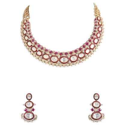 Kundan & Ruby Stone Bridal Necklace Set with Matching Earrings - Auraa Trends - Necklace Set -  - Auraa Trends - Gold - plated kundan and ruby stone bridal necklace set with matching earrings – traditional Indian wedding jewellery
