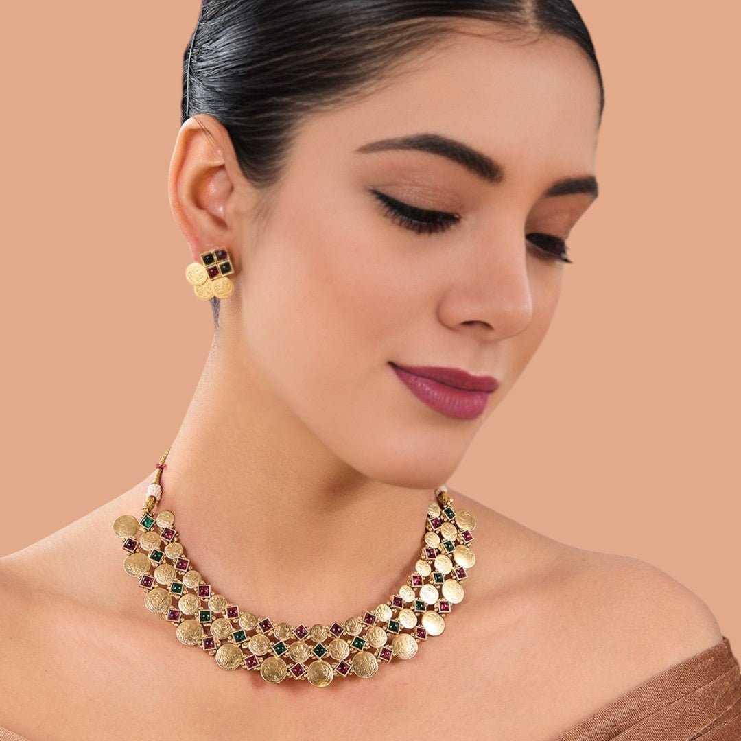 Lakshmi Coin Choker Necklace Set in Kundan Work Traditional - Auraa Trends - Choker - # - Auraa Trends - Lakshmi Coin Choker Necklace Set in Kundan Work Traditional
