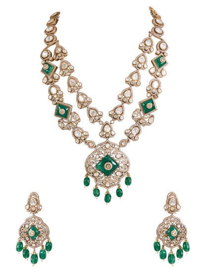 Long Layered Kundan Polki Necklace Set with Emerald Green Stones - Auraa Trends - Necklace -  - Auraa Trends - Long Layered Kundan Polki Necklace Set with Emerald Green Stones