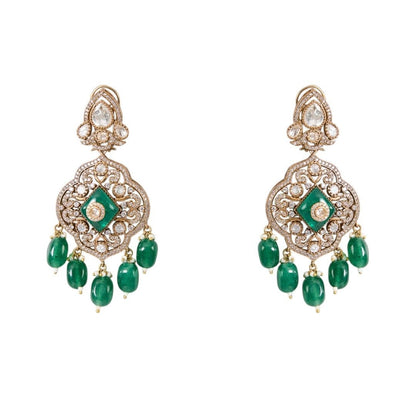 Long Layered Kundan Polki Necklace Set with Emerald Green Stones - Auraa Trends - Necklace -  - Auraa Trends - Long Layered Kundan Polki Necklace Set with Emerald Green Stones