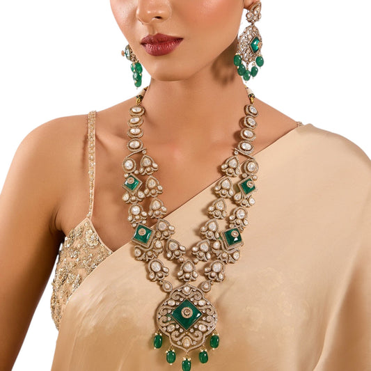 Long Layered Kundan Polki Necklace Set with Emerald Green Stones - Auraa Trends - Necklace -  - Auraa Trends - Long Layered Kundan Polki Necklace Set with Emerald Green Stones
