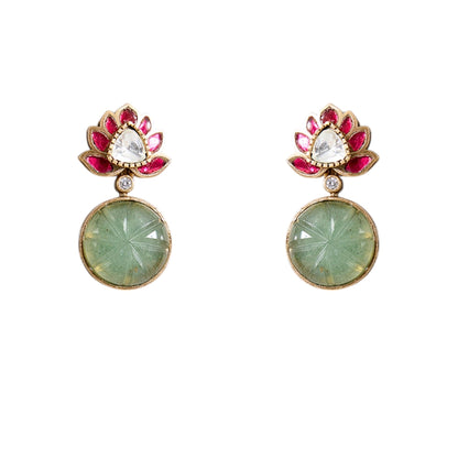 Lotus Motif Carved Green Stone Necklace Set with Earrings | Ethnic & Festive Jewelry - Auraa Trends - Necklace -  - Auraa Trends - “Necklace set with lotus motif and carved green stones with earrings” “Traditional gold - tone necklace with pink lotus and kundan stones” “Ethnic lotus design choker set with matching earrings”