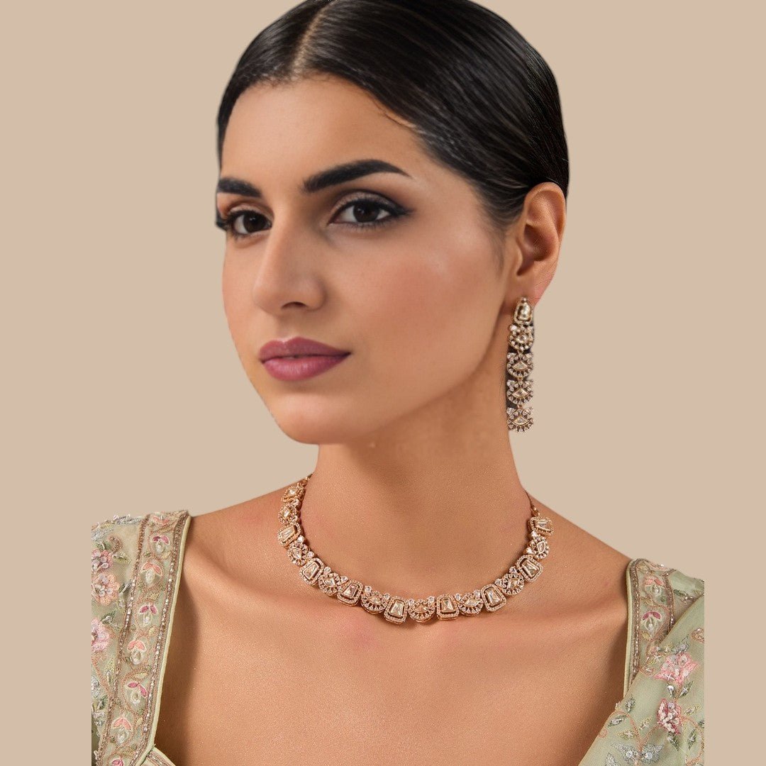 Lovely Champagne Gold Necklace Set with Stones - Auraa Trends - Necklaces - # - Auraa Trends - Lovely Champagne Gold Necklace Set with Stones