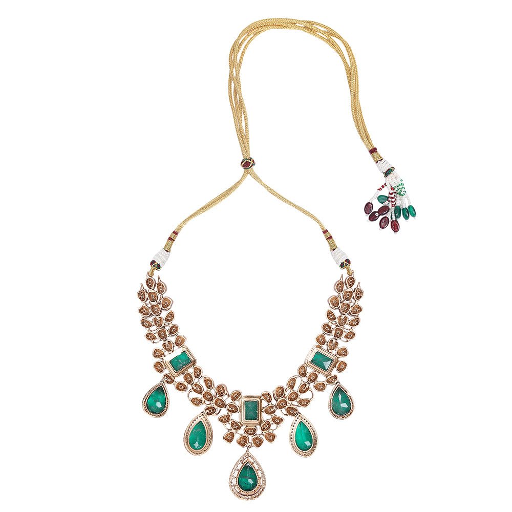 Luxurious Emerald Green and Crystal Kundan Choker Necklace Set - Auraa Trends - Choker - Luxurious Emerald Green and Crystal