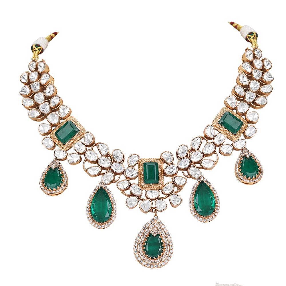 Luxurious Emerald Green and Crystal Kundan Choker Necklace Set - Auraa Trends - Choker - Luxurious Emerald Green and Crystal
