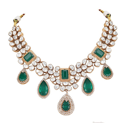 Luxurious Emerald Green and Crystal Kundan Choker Necklace Set - Auraa Trends - Choker - Luxurious Emerald Green and Crystal