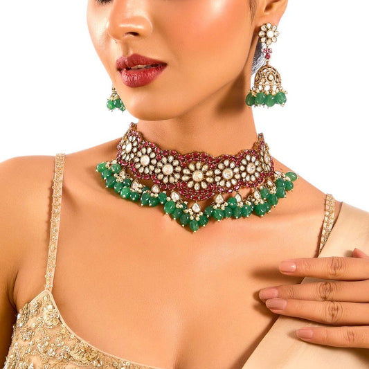 Luxurious green and pearl jewelry set by Auraa Trends – bridal & festive jewelry, Indian weddings, ships worldwide
