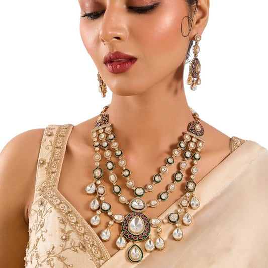 Luxury multi-layered pearl necklace with colorful gemstones & earrings by Auraa Trends – bridal jewelry, ships worldwide