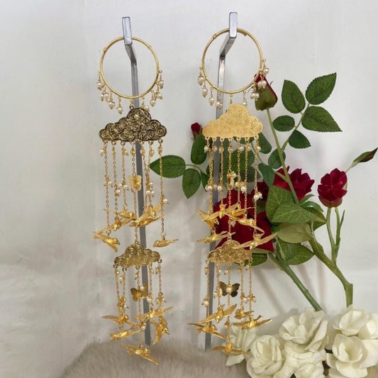 Luxury Gold - Plated Cloud & Bird Kaleere with Pearl Drops - Auraa Trends - Kaleere -  - Auraa Trends - "Gold - plated bridal kaleere with cloud motif, flying bird charms, butterfly accents, and pearl danglings – handcrafted traditional Indian wedding jewellery."