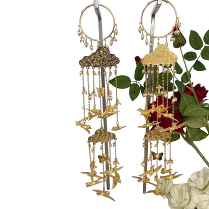 Luxury Gold - Plated Cloud & Bird Kaleere with Pearl Drops - Auraa Trends - Kaleere -  - Auraa Trends - "Gold - plated bridal kaleere with cloud motif, flying bird charms, butterfly accents, and pearl danglings – handcrafted traditional Indian wedding jewellery."