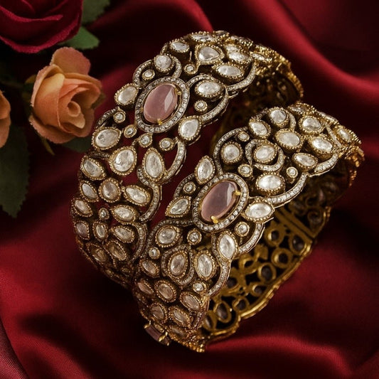 Luxury Gold - Plated Kundan Bangles with Pink Stone & White Polki Crystals - Auraa Trends - Bangles -  - Auraa Trends - "Luxury gold - plated kundan bangles with pink gemstone and white polki stones – traditional bridal jewelry set"