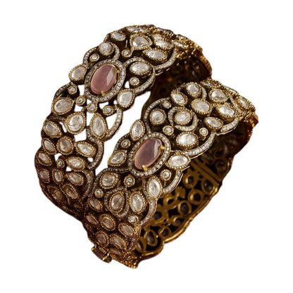 Luxury Gold - Plated Kundan Bangles with Pink Stone & White Polki Crystals - Auraa Trends - Bangles -  - Auraa Trends - "Luxury gold - plated kundan bangles with pink gemstone and white polki stones – traditional bridal jewelry set"