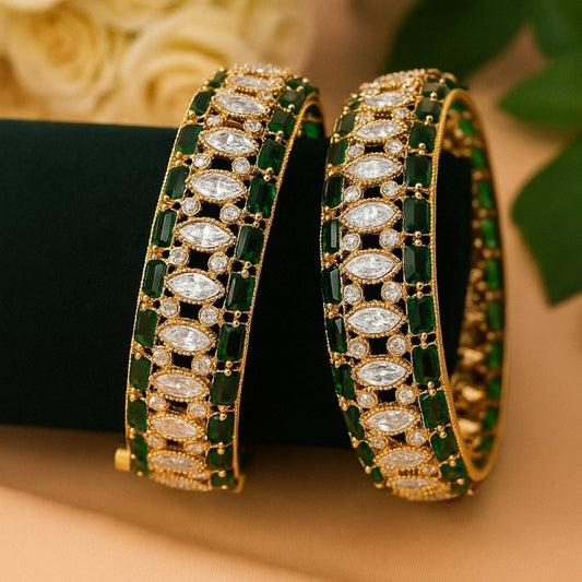 Luxury Green & White Stone Studded Gold - Plated Designer Bangles for Women - Auraa Trends - Bangles -  - Auraa Trends - Luxury Green & White Stone Studded Gold - Plated Designer Bangles for Women