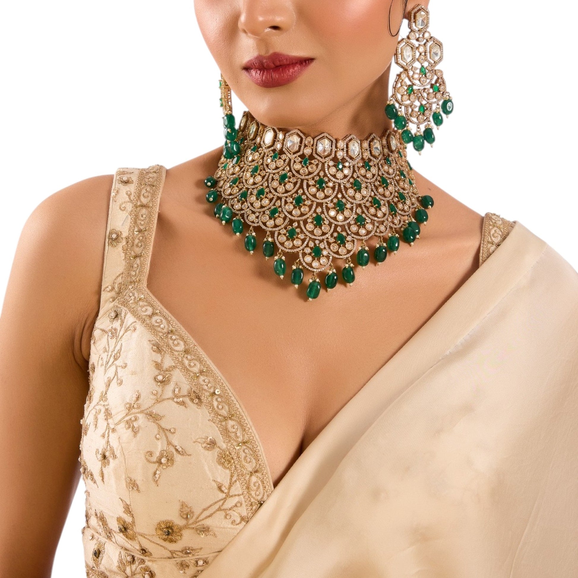 Luxury Mint Green Kundan Bridal Choker Necklace Set with Earrings for Women - Auraa Trends - Necklace -  - Auraa Trends - Luxury Mint Green Kundan Bridal Choker Necklace Set with Earrings for Women