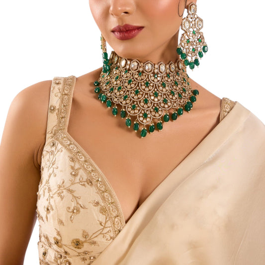 Luxury Mint Green Kundan Bridal Choker Necklace Set with Earrings for Women - Auraa Trends - Necklace -  - Auraa Trends - Luxury Mint Green Kundan Bridal Choker Necklace Set with Earrings for Women