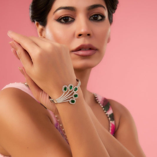 Luxury Moissanite & Emerald - Inspired Silver Bracelet - Auraa Trends - Bracelet - Luxury Moissanite Inspired Silver Bracelet