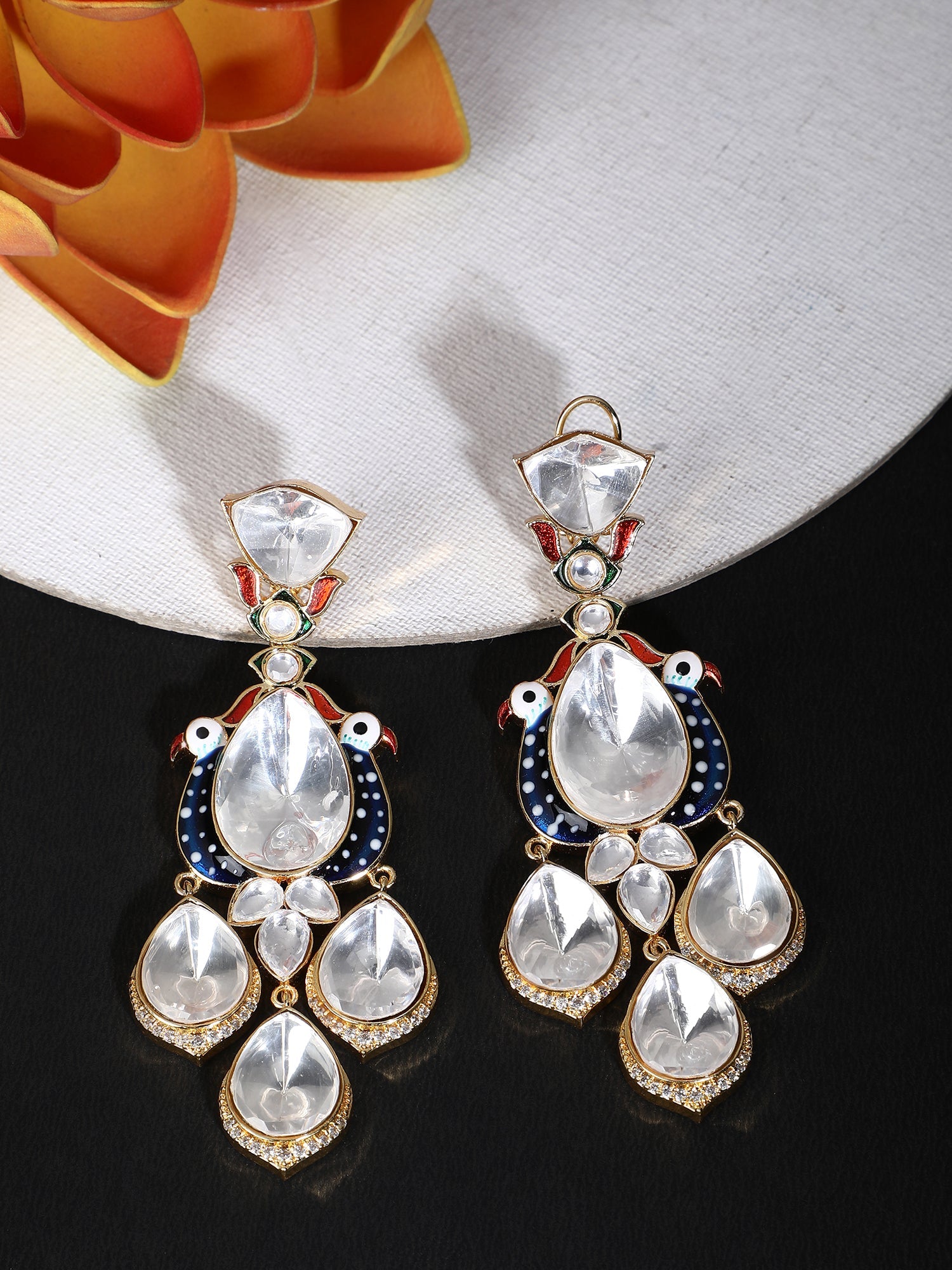 Luxury Moissanite Kundan Chandelier Earrings – 22KT Gold Plated - Auraa Trends - Chandelier Earrings American Diamond Earring