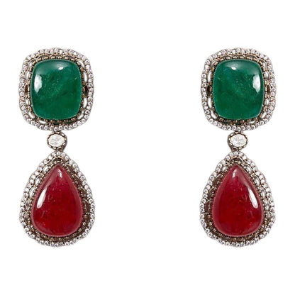 Luxury Multicolor Stone Statement Necklace Set with Earrings for Women - Auraa Trends - Necklace Set -  - Auraa Trends - Woman wearing a luxury multicolor gemstone statement necklace set with bold matching earrings, styled with a traditional embroidered saree blouse.
