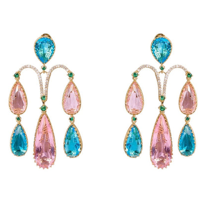 Luxury Pastel Teardrop Dangler Earrings in Blue & Pink with Gold - Tone Finish - Auraa Trends - Earrings -  - Auraa Trends - "Gold - tone statement dangler earrings with multicolor teardrop stones in pastel pink and blue, accented with green crystals – chandelier - style party jewelry."