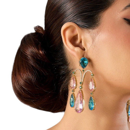 Luxury Pastel Teardrop Dangler Earrings in Blue & Pink with Gold - Tone Finish - Auraa Trends - Earrings -  - Auraa Trends - "Gold - tone statement dangler earrings with multicolor teardrop stones in pastel pink and blue, accented with green crystals – chandelier - style party jewelry."