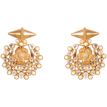 Matte Gold - Plated Kundan Stud Earrings with Floral Motif - Auraa Trends - Earrings -  - Auraa Trends - "Matte gold - plated floral stud earrings with kundan - style stones and traditional detailing, ideal for ethnic and festive wear."