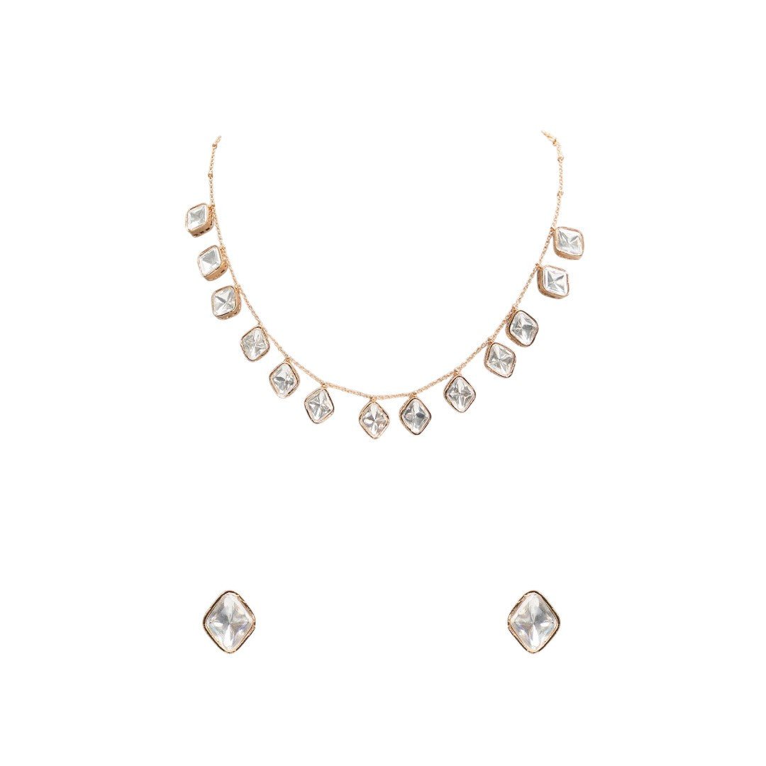 Minimalist Square Polki Necklace Set with Matching Stud Earrings - Auraa Trends - necklace -  - Auraa Trends - gold - coloured necklace with square polki stones placed evenly on a chain, complemented by similar square crystal stud earrings