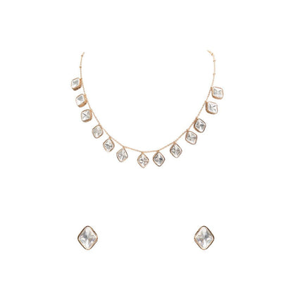 Minimalist Square Polki Necklace Set with Matching Stud Earrings - Auraa Trends - necklace -  - Auraa Trends - gold - coloured necklace with square polki stones placed evenly on a chain, complemented by similar square crystal stud earrings