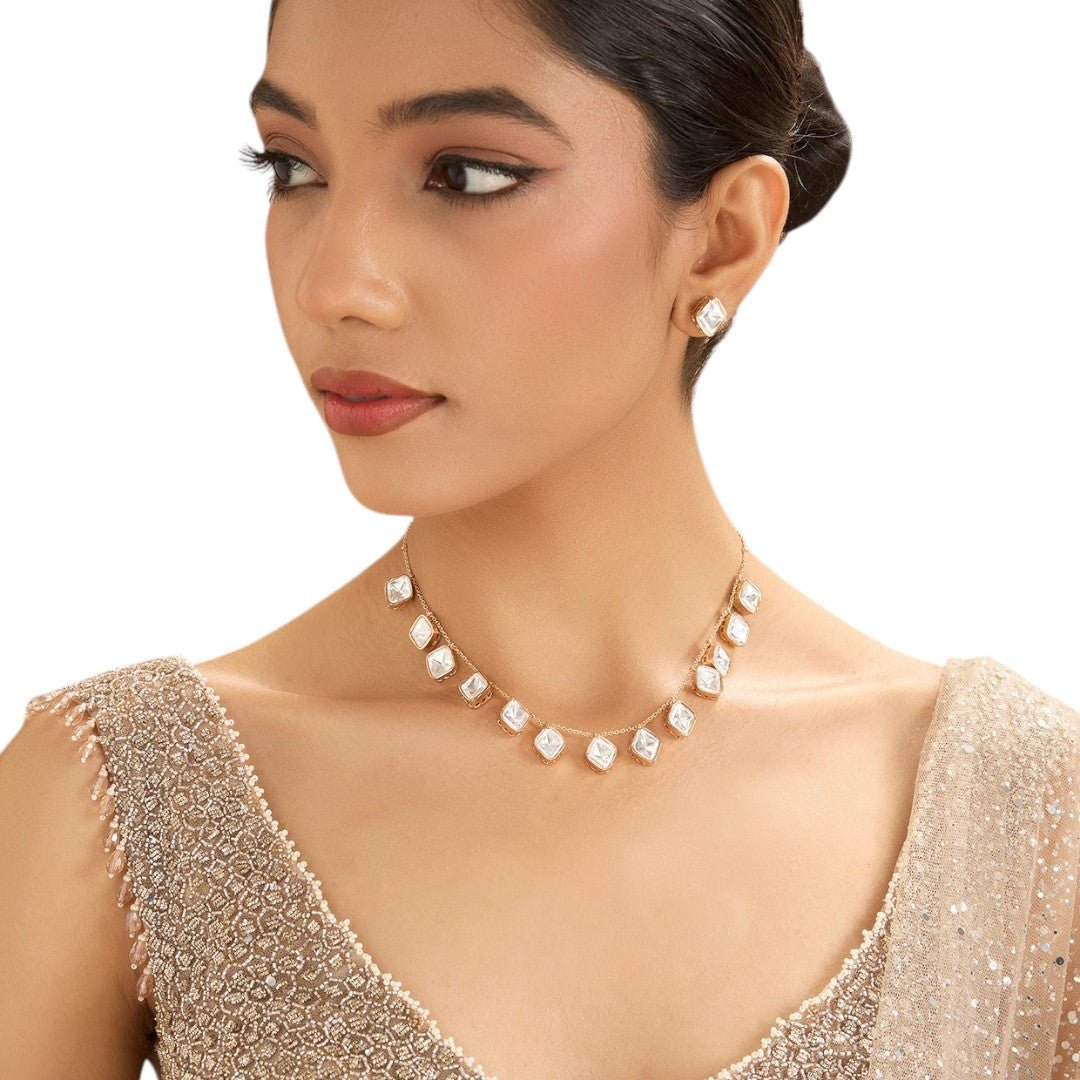 Minimalist Square Polki Necklace Set with Matching Stud Earrings - Auraa Trends - necklace -  - Auraa Trends - gold - coloured necklace with square polki stones placed evenly on a chain, complemented by similar square crystal stud earrings